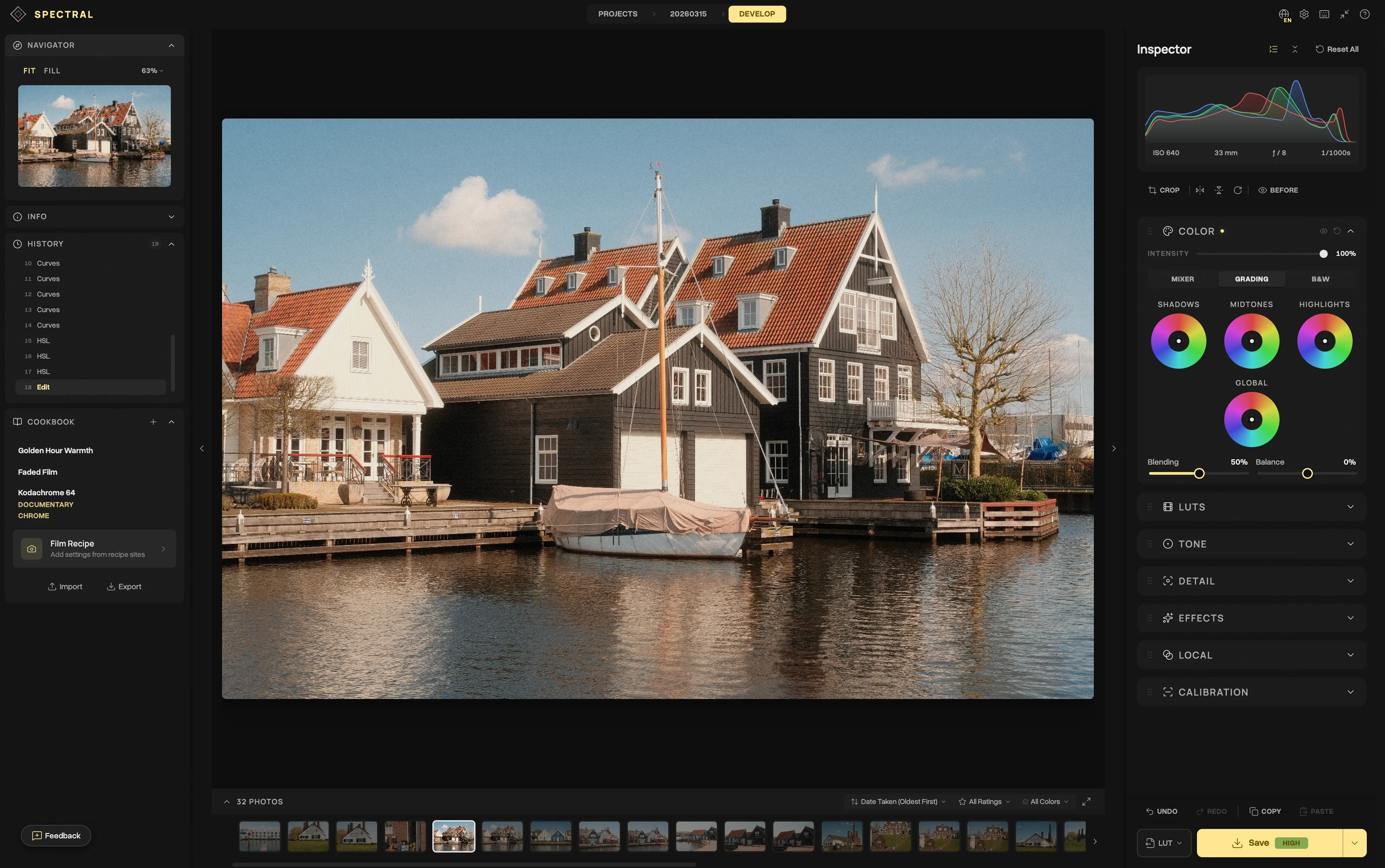 The full Spectral editor with a photo loaded, Cookbook recipes on the left, color grading tools on the right.