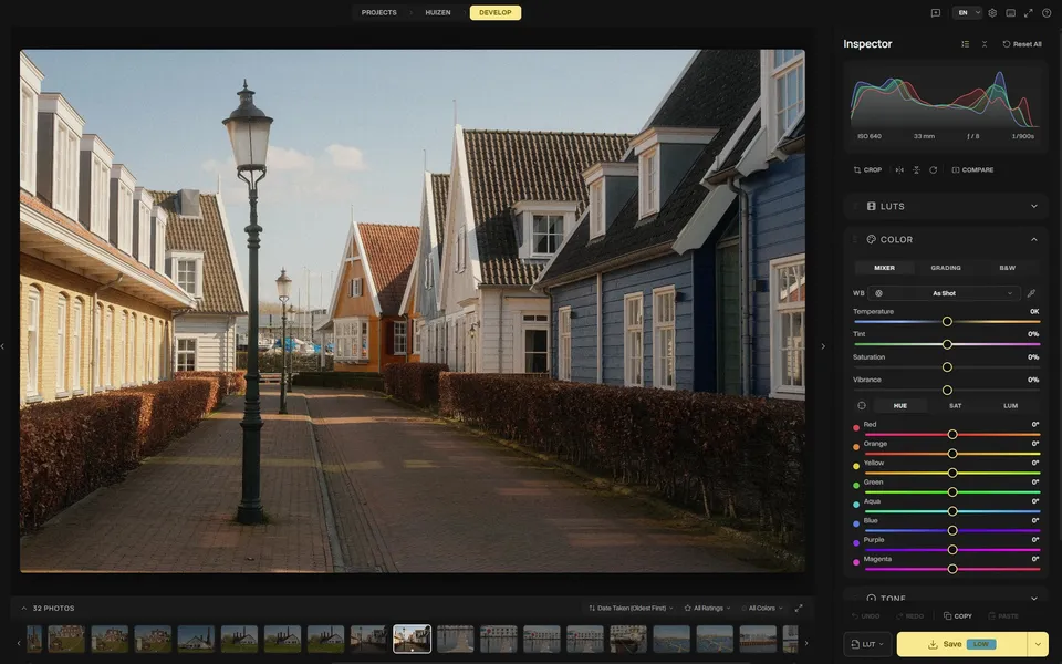 Spectral photo editor interface showing color grading controls