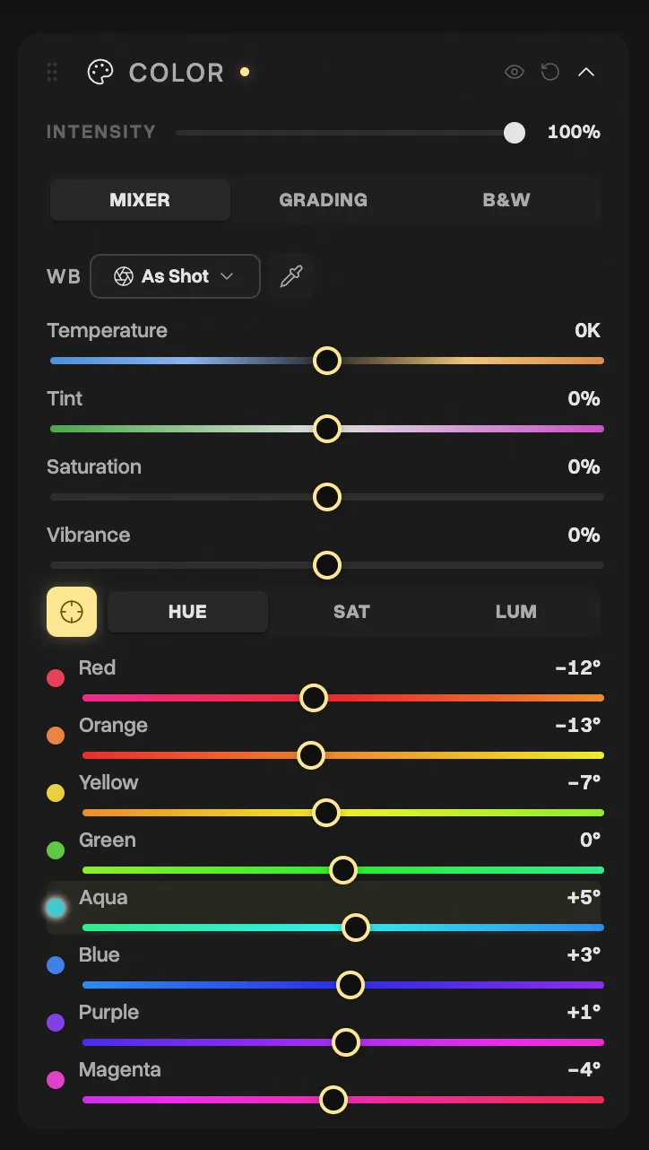 The HSL color mixer in Spectral. Per-color hue sliders let you shift individual color ranges without touching the rest of the image.