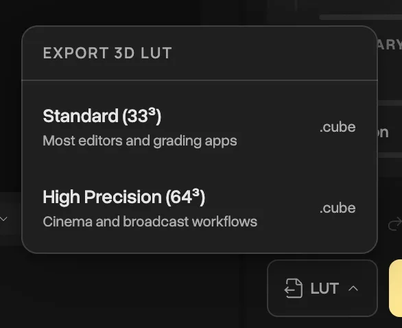 The LUT export dialog in Spectral. Export your color grade as a standard .cube file for use in any application.