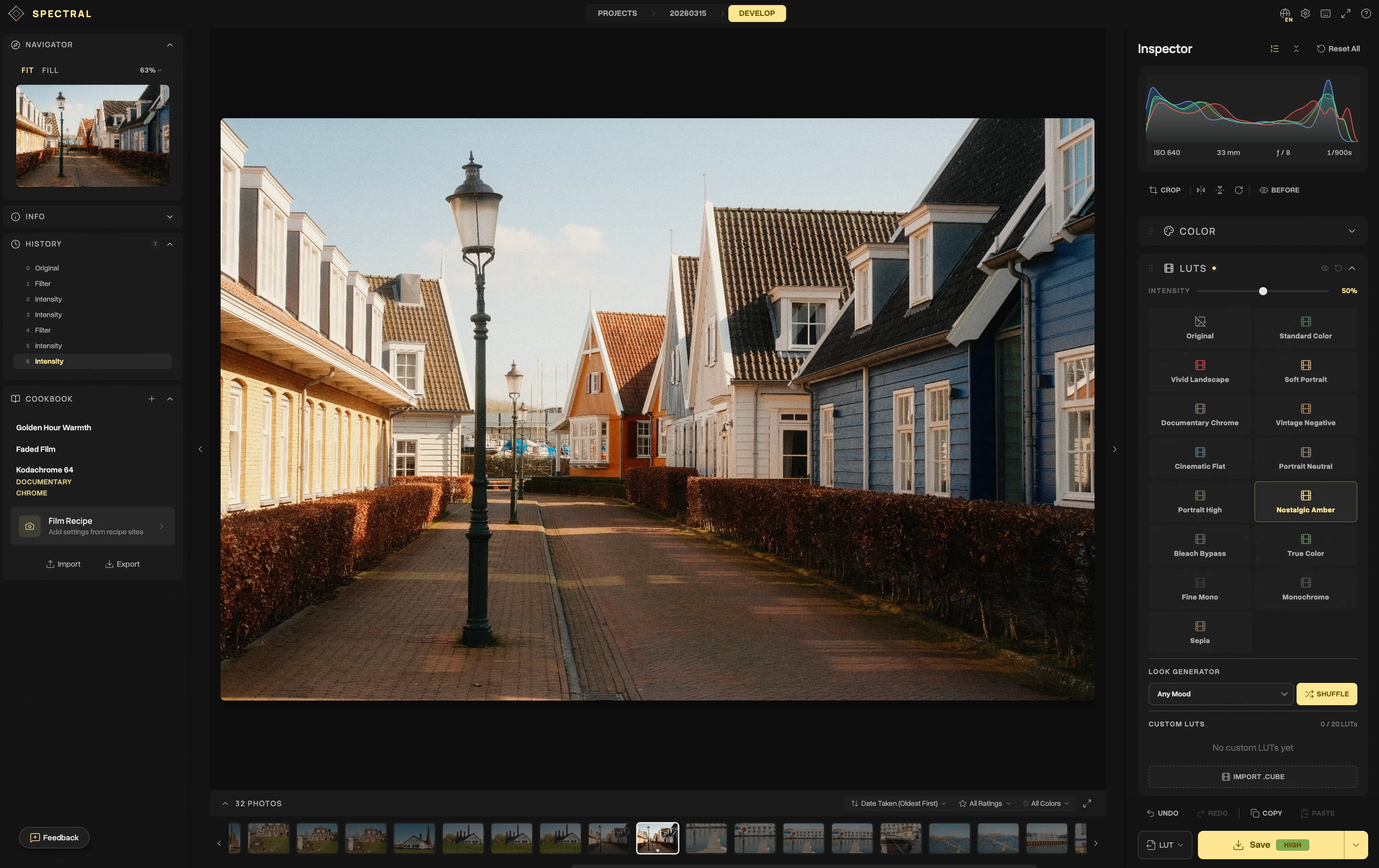 The LUT panel in Spectral with built-in film emulations and an intensity slider. Pick a starting point, refine with curves and HSL, then export the result.